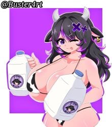 1girls animal_ears bare_hips bare_shoulders big_breasts bikini black_ears black_hair breasts buster-art closed_mouth_smile cow_ears cow_girl cow_horns cow_print_bikini dreamy7w7 ear_tag female female_only hair_accessory hair_between_eyes hair_ornaments hispanic_virtual_youtuber horns huge_breasts kemonomimi licking_lips light-skinned_female light_skin logo long_hair milk milk_bottle multicolored_hair one_eye_closed purple_background purple_eyes purple_hair purple_hair_ornament side_view simple_background smiley_face standing streaked_hair tongue_out twitch.tv view_from_the_side virtual_youtuber vrchat_avatar vtuber vtuberfanart white_background white_horns