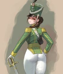 18th_century 1girls absurd_res ass ass_focus belt brown_eyes brown_hair cavalry_sword dragoon drill_hair epaulettes female full_color green_clothing hat highres looking_back mature mature_female milf military_uniform mole mole_under_mouth original original_art original_artwork original_character panties peaked_cap saber_(weapon) smile soldat soldat_(dndosld73832) soldier sole_female solo solo_female solo_focus sword thighs tight_pants weapon