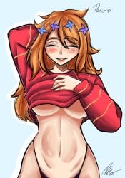 1girls black_panties blush breasts brown_hair closed_eyes clothed clothing curvy curvy_female curvy_figure el_diario_de_jonathan female female_only hair_ornament long_hair paris_(eddj) petina petoart semi_clothed semi_nude smile smiling standing sweat sweater teeth