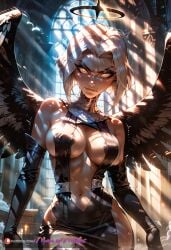 ai_generated angel angel_wings areola_slip black_areola cleavage dress eyeshadow feathers halo hazbin_hotel large_breasts lute_(hazbin_hotel) makeup manofmidas navel white_gloves white_hair white_sleeves
