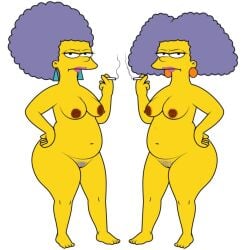 2girls belly cigarettes hairy_pussy naked_female nipples_outside simpsons smoke the yellow_body.