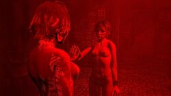 2girls blonde_hair blood_on_body blood_on_face blood_on_hand blood_on_leg bloody_hair cheryl_mason female fully_clothed fully_nude heather_mason mirror mirror_reflection reivoxel selfcest silent_hill silent_hill_3 smiling surprised_expression