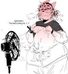 anthro balls biped bodily_fluids bottomwear bottomwear_down cherry_(gat0pussy24) closed_eyes clothed clothing dialogue domestic_cat english_text fan_(object) felid feline felis flaccid foreskin gat0pussy24 genitals hi_res huge_thighs humanoid_genitalia humanoid_penis male male_anthro mammal monochrome moobs nonbinary_(lore) overweight overweight_anthro overweight_male pants pants_down partially_clothed penis solo standing stubble sweat sweatdrop text thick_thighs