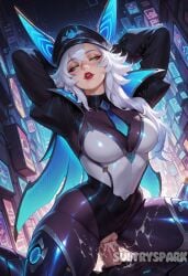 1boy ai_generated anima_squad_series animal_ears artist_name battle_bat_xayah blue_necktie breasts cowgirl_position cum cum_in_pussy cum_on_clothes female futarush green_eyes hair_between_eyes hat large_breasts league_of_legends long_hair necktie patreon patreon_username penis pussy red_lips riot_games sex shiny_clothes straight sultryspark vaginal_penetration vastaya white_hair xayah