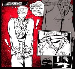 1boy comic comic_page comic_panel embarrassed metal_gear metal_gear_solid niakku peeing peeing peeing_self revolver_ocelot urine
