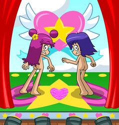 2girls ami_onuki ass bare_ass big_ass blue_hair cartoon_network embarrassed_nude_female embrace enf exposed hi_hi_puffy_amiyumi long_hair looking_back multiple_girls pink_hair public public_humiliation public_nudity short_hair stage stage_lights xierra099 yumi_yoshimura