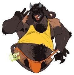 2025 anthro barabait barazoku belly_hair body_hair bovid bovine bulge chai_(bisontote) clothing ear_piercing facial_piercing gesture hair hand_gesture hi_res horn jockstrap male male_only mammal muscular navel nipples nose_piercing nose_ring piercing pubes ring_piercing shirt solo tank_top tongue tongue_out topwear underwear v_sign watermark