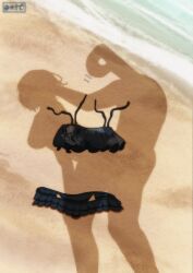 1boy absurdres beach dressed_shadow_(meme) female hair_ornament hairclip highres higuchi_madoka idolmaster idolmaster_shiny_colors implied_nudity implied_sex meme outdoors oxicmar p-head_producer producer_(idolmaster) sand sex sex_from_behind shadow swimsuit unworn_clothes unworn_swimsuit water