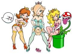 3girls arched_back bare_shoulders bent_over between_legs blonde_hair blue_eyes blush boo_(mario) bra breasts brooch brown_hair cleavage closed_mouth crown earrings elbow_gloves finger_to_mouth fingerless_gloves flipped_hair flower_earrings frilled_gloves frills garter_belt gloves hair_over_one_eye half-closed_eyes hand_between_legs hand_between_thighs hand_on_own_hip highres jewelry jiveguru lace lace_bra lace_trim lingerie long_hair looking_at_viewer luma_(mario) mario_(series) multiple_girls naughty_face navel negligee off_shoulder panties pendant_choker piranha_plant princess princess_daisy princess_peach rosalina seductive_smile sidelocks silver_crown simple_background sitting smile sphere_earrings standing star_(symbol) star_brooch star_earrings thighhighs thighs underwear white_background white_gloves