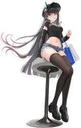 animal_ears azur_lane bag bare_shoulders black-framed_eyewear black_background black_footwear black_hair black_headwear black_shirt black_thighhighs blunt_bangs breasts candy cg colored_inner_hair crop_top cutoffs denim denim_shorts detached_sleeves female food full_body glasses gradient_hair hat holding holding_candy holding_food holding_lollipop horns large_breasts lollipop long_hair long_sleeves looking_at_viewer medium_breasts micro_shorts midriff multicolored_hair navel noshiro_(azur_lane) noshiro_(dressed-up_to_date)_(azur_lane) official_alternate_costume official_art open_mouth parted_lips red_eyes round_eyewear shirt shoes short_shorts short_sleeves shorts sidelocks sitting solo stomach stool sunglasses thighhighs thighs tinted_eyewear tongue transparent_background very_long_hair