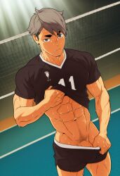 1boy abs ai_assisted ai_generated disgusted dutch_angle flaccid flaccid_penis grey_hair haikyuu!! happy_trail lifting_shirt male male_only muscular osamu_miya penis_peek pulling_down_pants shaved_balls solo solo_male sweat sweaty thick_eyebrows two-tone_hair volleyball_uniform