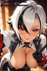 1girls ai ai_assisted ai_generated anime arlecchino_(genshin_impact) artist_name black_eyes black_gloves black_hair blush breasts breasts_out cleavage closed_mouth dibzprintz fansly female genshin_impact gloves hair_between_eyes hi_res high_quality high_resolution highres indoors jewelry large_breasts leaning_forward lips long_sleeves looking_at_viewer multicolored_hair nipples open_clothes open_shirt pants red_pupils selfie shirt short_hair smile solo streaked_hair sweat symbol-shaped_pupils two-tone_hair v watermark white_hair white_shirt x-shaped_pupils
