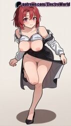 1girls 2025 ai_generated artist_name blush bra breasts breasts breasts bust chest clothes_lift cow_girl_(goblin_slayer) electroworld exposed_nipples female goblin_slayer gradient gradient_background hi_res high_quality high_resolution highres nipples nipples_outside patreon patreon_username purple_eyes red_hair short_hair skirt solo stable_diffusion underwear watermark white_bra