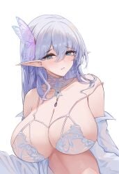 albion_(a_fairy-tale_breakfast)_(azur_lane) albion_(azur_lane) aqua_eyes azur_lane bare_shoulders blue_eyes blush bra breasts butterfly_hair_ornament cleavage closed_mouth collarbone detached_collar detached_sleeves elf female grey_hair hair_between_eyes hair_ornament huge_breasts large_breasts long_hair long_sleeves looking_at_viewer off_shoulder open_clothes open_shirt parted_lips pointy_ears shirt simple_background solo strap_slip underwear upper_body white_background white_bra white_shirt
