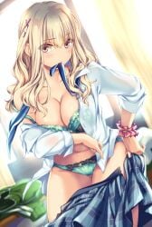 1girls aqua_skirt blonde_hair blue_necktie bra breasts cleavage collared_shirt commentary_request cowboy_shot dress_shirt female green_bra green_panties gyaru hair_ornament highres hiiragi_kurumi kiss_kara_hajimaru_gyaru_no_koi kogal large_breasts leaning_forward long_hair looking_at_viewer monety mouth_hold necktie open_clothes open_shirt open_skirt panties plaid_clothes plaid_skirt pleated_skirt red_scrunchie school_uniform scrunchie shirt skirt sleeves_past_wrists solo standing underwear undone_necktie undressing unworn_clothes white_shirt wing_collar wrist_scrunchie x_hair_ornament yellow_eyes