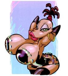 2d armpits arms_up big_breasts bimbo breasts busty cleo_(cyber_flash) cyber_flash earrings elbow_gloves eyeshadow female female_focus female_only green_eyes hands_behind_head hourglass_figure large_breasts lipstick ponytail red_hair slb tagme wide_hips