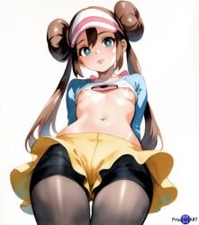 1girls ai_female ai_generated blue_eyes brown_hair color crop_top female female_only from_below hair_bun hat nipples pantyhose pokemon pokemon_bw priestofart rosa_(pokemon) short_shorts simple_background small_breasts solo solo_female tagme tagme_(artist) tagme_(character) watercolor watermark white_background