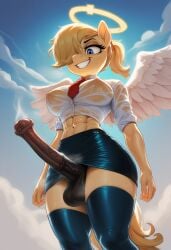 abs ai_generated anthro balls clouds futanari halo horsecock intersex penis pony skirt sky sweat thighhighs tie view_from_below wings