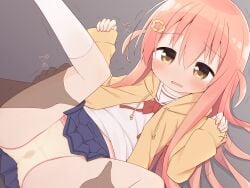 1boy blue_skirt blush bow brown_eyes brown_jacket clothes_lift commentary_request drawstring feet_out_of_frame female grey_background hair_between_eyes hair_ornament hairclip hood hood_down hooded_jacket ii_(ayanepuna) jacket kneehighs long_hair long_sleeves looking_at_viewer lying on_back open_clothes open_jacket open_mouth original panties pink_hair pleated_skirt pussy_juice_stain red_bow sailor_collar shirt skirt skirt_lift sleeves_past_wrists socks solo_focus stained_panties straight tearing_up tears two_side_up underwear very_long_hair white_sailor_collar white_shirt white_socks yellow_panties yuune_(ayanepuna)