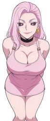1girls ai_generated bare_shoulders black_sclera breasts choker cleavage dress earrings female female_only jujutsu_kaisen large_breasts long_hair looking_at_viewer navel navel_visible_through_clothes pale-skinned_female pale_skin pink_dress pink_eyes pink_hair thick_thighs uro_takako wide_hips