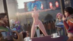 1girls 3d blue_hair blue_hair_female breasts embarrassed_nude_female evie_(paladins) female female_focus glass jineisho light-skinned_female nipples only_one_naked paladins_(game) public_nudity the_simpsons_reference