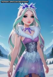 1girls ai_generated blue_eyes blue_sky cartoon crystal_winter dress elsacorinthiana ever_after_high exhibitionism exhibitionist female female_only field_snow high_quality light-skinned_female light_skin makeup outdoors pale_skin pale_skin_female patreon patreon_exclusive patreon_link patreon_url posing purple_coat purple_dress sfw snow standing thin_female white_hair white_hair_female winter