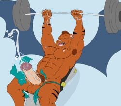 abs absurd_res anthro armpit_hair balls barbell bench_press big_penis bodily_fluids body_hair claw_(gargoyles) closed_eyes cum cumshot disney ejaculation electricity electrostimulation erection exercise felid feline gargoyle gargoyles genital_fluids genitals hi_res hybrid leaking_cum looking_pleasured male mammal mohawk musclegut muscular nipples pantherine penis pubes solo spiffygreen spread_wings straining straining_underwear sweat sweaty_balls sweaty_genitalia tiger weightlifting wings workout