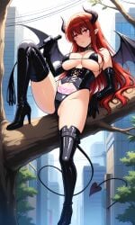 ai_generated bangs bare_shoulders bat_wings bikini black_bikini black_footwear black_gloves black_legwear black_swimsuit black_thighhighs blush boots breasts building cleavage clothing collar corset cross-laced_clothes day demon_girl demon_horns demon_tail demon_wings dominatrix elbow_gloves female female footwear gloves groin high_heel_boots high_heels highleg holding holding_whip horns knee_boots knee_up large_breasts latex leg_up legwear long_hair looking_at_viewer micro_bikini navel original outdoors parted_lips pointy_ears pubic_tattoo red_eyes red_hair shoes sidelocks sitting smile solo spread_legs succubus swimsuit tail tattoo thigh_boots thighhighs thighs tree whip wings