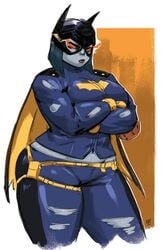 batgirl_(cosplay) breasts cosplay darkseid dc genderswap_(mtf) grey_skin lady_darkseid mature_female navel pout red_eyes rule_63 thick_thighs torn_clothes wide_hips