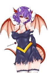 1girls big_breasts black_dress breasts chains demon demon_girl demon_horns dragon dragon_girl dragon_horns dragon_tail dragon_wings dress el_diario_de_jonathan female female_only histeria light_smile looking_at_viewer nipples_visible_through_clothing number_tattoo pasioneillustrations purple_hair red_eyes short_hair socks solo solo_female standing sweat thick_thighs thighs