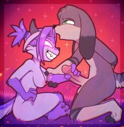 2025 anthro arm_grab balls blush breasts canid canid_demon chuckline_(character) demon dominant dominant_female duo erect_nipples female fur furry_only genitals glowing glowing_eyes green_eyes grey_body grey_fur grin grinion hair hand_behind_back horn humanoid_genitalia humanoid_penis kneeling lagomorph leporid long_ears looking_pleasured male male/female mammal masturbation multicolored_body multicolored_fur nipples open_mouth penis ponytail purple_body purple_fur rabbit simple_background sitting skashi95 smile stroking_penis two_tone_body two_tone_fur