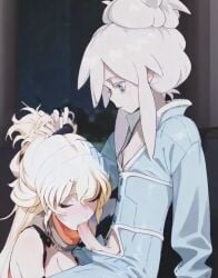 ai_generated black_mask blonde_hair blue_eyes blush cat_ears cat_tail colored_eyelashes deux_murasame dildo_under_mask fellatio freckles grey_hair gundam gundam_gquuuuuux hair_bun highres long_hair male male_only mask masked mouth_mask nimona1491_(artist) penis petite purple_pupils rwby shoulder_blades simple_background small_penis updo white_background white_eyelashes white_hai yang_xiao_long