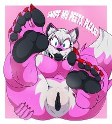 abstract_background absurd_res anthro ass big_breasts black_lips black_pawpads black_tongue black_vulva blue_eyes breasts butt_grab canid canine canis claws colored_nails ear_piercing ear_ring feet female first_person_view fur genitals hair hand_on_butt hi_res humanoid_feet lips looking_at_viewer mammal nails open_mouth pawpads piercing pink_body pink_fur plantigrade pussy red_nails ring_piercing solo talking_to_viewer tinydevilhorns toe_claws tongue vulva white_body white_fur white_hair wolf yuni_hermit