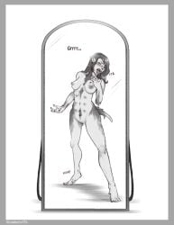 2024 8_nipples anthro areola biped border breasts claws closed_eyes digitigrade ear_growth english_text female fur fur_growth genitals grey_border greyscale growth hair humanoid mid_transformation mirror mirror_reflection monochrome multi_nipple nipples nude onomatopoeia open_mouth pussy reflection simple_background solo sound_effects species_transformation standing strawberrytfs tail tail_growth teeth text transformation white_background