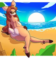 2018 anthro anus ass beach breasts brown_eyes brown_hair cervine cloud doe_(alfa995) eyewear female furry highres hooves long_hair looking_at_viewer looking_back mammal outdoors pussy sand seaside sky snappygrey solo sun sunglasses water