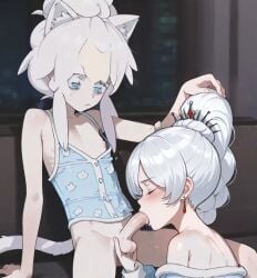 ai_generated black_mask blue_eyes blush cat_ears cat_tail colored_eyelashes deux_murasame dildo_under_mask fellatio freckles grey_hair gundam gundam_gquuuuuux hair_bun highres long_hair male male_only mask masked mouth_mask nimona1491_(artist) penis petite purple_pupils rwby shoulder_blades simple_background small_penis updo weiss_schnee white_background white_eyelashes white_hai