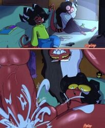 bedroom black_hair casual cum cum_in_ass cum_inside cum_overflow cumming_from_anal_sex dawn_(rosepetaldawn) femboy femboy_on_femboy gaelo_(geiimp) gay geiimp glasses grin helluva_boss horns huge_cock imp imp_(helluva_boss) night nonbinary_(lore) oc open_smile sleepover smile toothy_grin veiny_penis watching_tv yaoi
