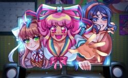 2d 2d_(artwork) 3girls blue_hair breasts breasts_focus brown_hair cleavage cleavage_cutout clothed clothing doki_doki_literature_club giffany gravity_falls miside mita_(miside) monika_(doki_doki_literature_club) pink_hair tv tv_screen yandere