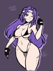 1girls big_ass big_breasts big_thighs bikini black_bikini breasts cameltoe closed_eye curvy curvy_female curvy_figure el_diario_de_jonathan female female_only gloves headband light_smile long_hair petina petoart purple_eyes purple_hair samantha_cortez scar scars_all_over solo solo_female standing thick thick_legs thick_thighs thighs