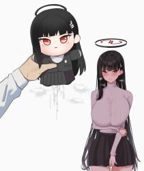 black_hair black_skirt blue_archive blush breasts bright_pupils character_doll closed_mouth commentary female fumo_(doll) hair_ornament hairclip halo highres holding huge_breasts long_hair long_sleeves miniskirt panvyru pov pov_hands red_eyes rio_(blue_archive) shirt simple_background skirt solo_focus steaming_body straight_hair sweat symbol-only_commentary turtleneck very_long_hair white_background white_pupils white_shirt
