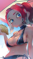 1girls agent_8_(splatoon) bare_shoulders belly belly_button big_breasts bikini blue_eyes blush breasts cleavage eating eye_contact eyelashes feet_out_of_frame female_focus female_only hizake kashu_(hizake) large_breasts light-skinned_female light_skin looking_at_viewer midriff navel nintendo octoling off_shoulder outdoors pseudo_hair red_hair short_hair side-tie_bikini sideboob solo splatoon splatoon_2 sunlight sweat sweatdrop taco tentacle_hair umbrella underboob upper_body viewed_from_below wide_eyed