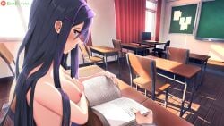 1boy 1girl book breasts classroom doki_doki_literature_club edit edited_screencap eroeiyuu female male pov pov_eye_contact purple_eyes purple_hair tits_out yuri_(doki_doki_literature_club)