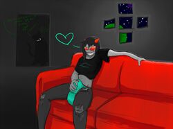 1futa 1girls :3 black_hair black_lips bulge clothing dialogue futanari glasses grey_background grey_skin heart homestuck horns intersex lizardhatch ms_paint_adventures nepeta_leijon panties sharp_teeth short_hair smile tail terezi_pyrope text troll