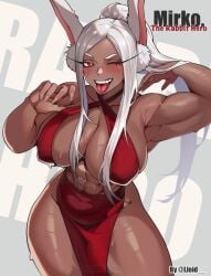 1girls abs bare_arms bare_legs bare_shoulders bare_thighs big_breasts blush bunny_ears bunny_girl clothed clothing color dark-skinned_female dark_skin dress female female_focus female_only fit_female hi_res large_breasts lloid long_hair looking_at_viewer mirko miruko muscles muscular muscular_arms muscular_female muscular_legs muscular_thighs my_hero_academia red_eyes rumi_usagiyama solo solo_female sweat tagme thick_thighs tongue tongue_out white_hair