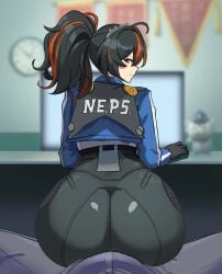 1boy 1girls alternate_ass_size animated ass ass ass_focus big_ass big_butt black_hair bottom_heavy bubble_butt bulge bulge_through_clothing butt_focus female from_behind grinding huge_ass large_ass live2d looking_at_viewer looking_back mihoyo miruyuyo multicolored_hair police police_officer police_uniform policewoman ponytail red_hair shorter_than_30_seconds smile solo solo_female streaked_hair tagme thick_thighs two_tone_hair vertical_video video wide_hips zenless_zone_zero zhu_yuan