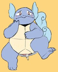 ambiguous_gender blue_skin blush brown_eyes genital_slit half-closed_eyes heart heart-shaped_pupils nintendo nude pokémon_(species) pokemon pokemon_rgby sapphicespeons scalie shell slit solo thick_thighs video_games wartortle wet wide_hips yellow_background