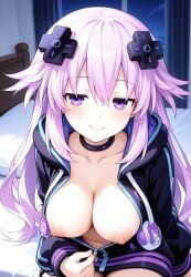 1girls adult_neptune ai_generated bedroom black_choker black_hoodie blush breasts breasts_out choker clothed clothed_female d-pad_hair_ornament female_only half-closed_eyes hoodie hoodie_dress in_bed large_breasts long_hair neptunia_(series) night nipples purple_eyes purple_hair seductive_eyes seductive_look seductive_smile smile solo_female zipper_down zipper_hoodie