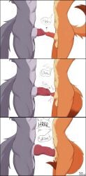 2boys big_balls comic comic_strip dominant_male furry gay gray_fur knot large_penis orange_fur penis_touching precum precum_drip red_rocket sheath size_difference small_penis submissive_male tail tail_between_legs text tips_touching veiny_penis white_background