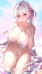 azur_lane bare_arms bare_shoulders bikini blush breasts cleavage closed_mouth collarbone female hair_between_eyes halterneck hand_on_own_chest kearsarge_(azur_lane) large_breasts long_hair looking_at_viewer multicolored_hair navel partially_submerged pink_eyes ponytail purple_eyes sitting smile solo starfish stomach streaked_hair string_bikini swimsuit thighs very_long_hair water wet white_bikini white_hair