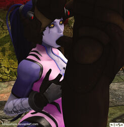 3d b69 blizzard_entertainment deep_blowjob deepthroat european eye_contact fellatio french head_grab kneeling mascara oral overwatch purple_skin seductive_eyes throat_fuck tight_throat unseen_male_face widowmaker